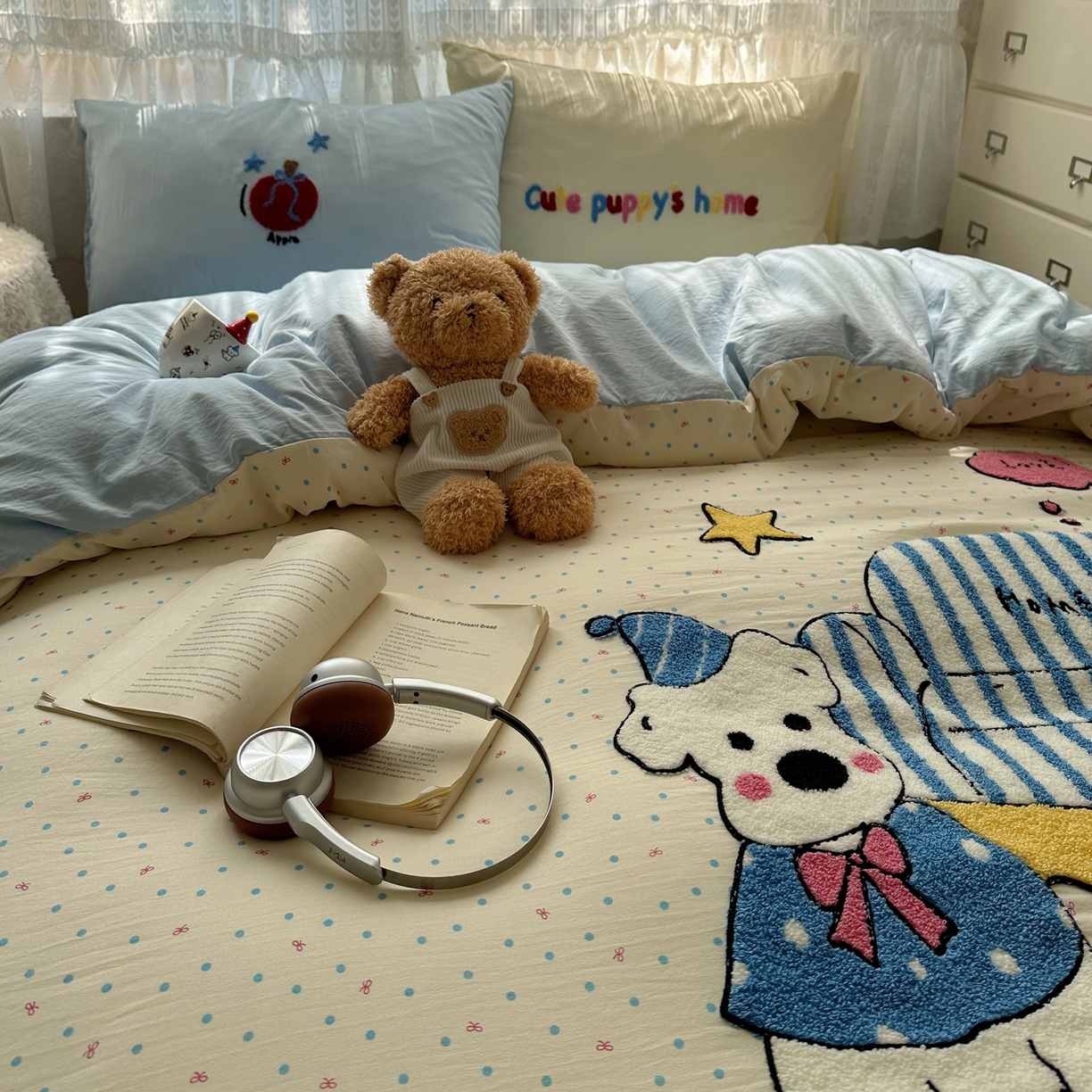 91家纺网 家纺一手货源 找家纺 盼季家纺 2025年A类毛巾绣水洗棉床上用品四件套学生宿舍床单被套三件套（含买家秀） 毛巾绣-沙发汪汪