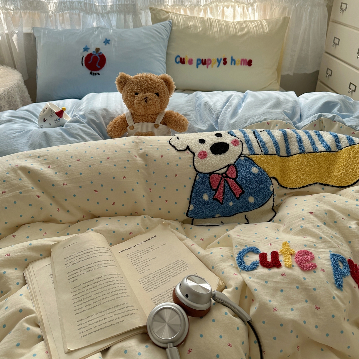 91家纺网 家纺一手货源 找家纺 盼季家纺 2025年A类毛巾绣水洗棉床上用品四件套学生宿舍床单被套三件套（含买家秀） 毛巾绣-沙发汪汪