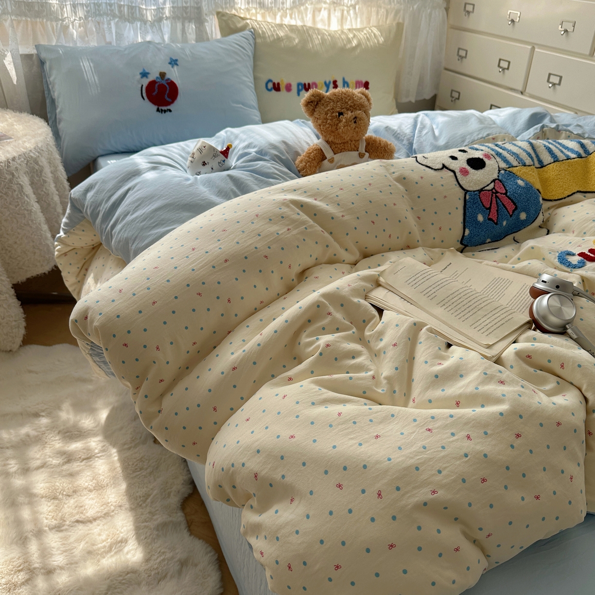 91家纺网 家纺一手货源 找家纺 盼季家纺 2025年A类毛巾绣水洗棉床上用品四件套学生宿舍床单被套三件套（含买家秀） 毛巾绣-沙发汪汪