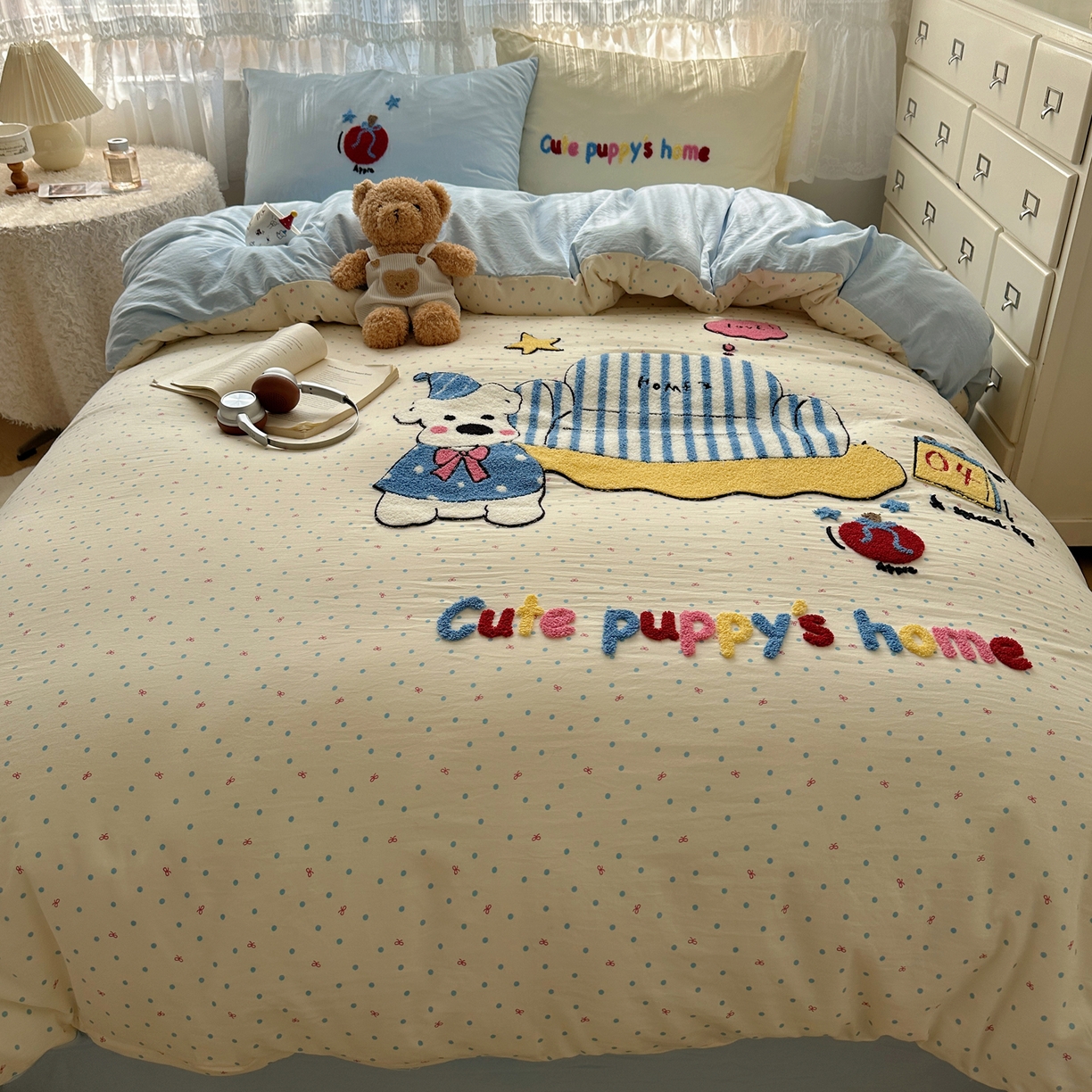 91家纺网 家纺一手货源 找家纺 盼季家纺 2025年A类毛巾绣水洗棉床上用品四件套学生宿舍床单被套三件套（含买家秀） 毛巾绣-沙发汪汪