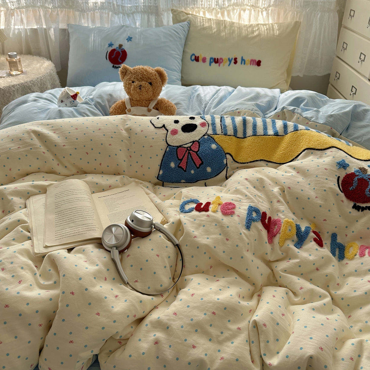 91家纺网 家纺一手货源 找家纺 盼季家纺 2025年A类毛巾绣水洗棉床上用品四件套学生宿舍床单被套三件套（含买家秀） 毛巾绣-沙发汪汪