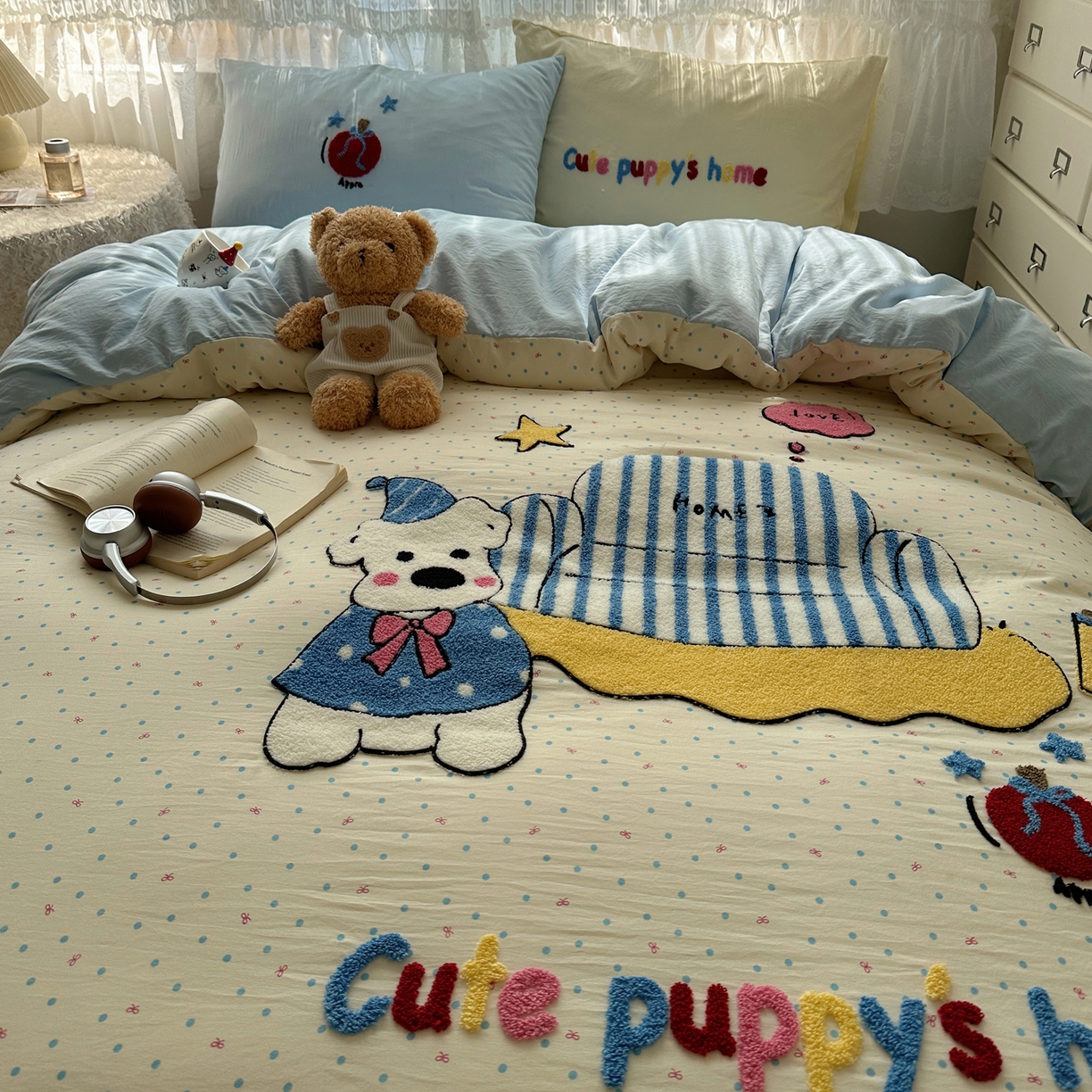 91家纺网 家纺一手货源 找家纺 盼季家纺 2025年A类毛巾绣水洗棉床上用品四件套学生宿舍床单被套三件套（含买家秀） 毛巾绣-沙发汪汪