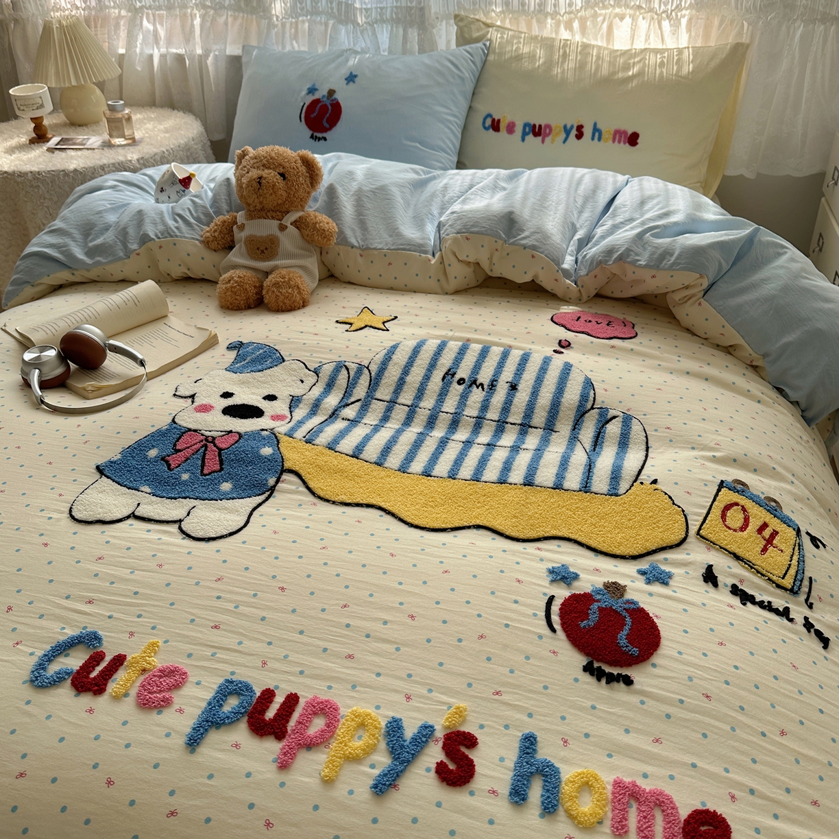 91家纺网 家纺一手货源 找家纺 盼季家纺 2025年A类毛巾绣水洗棉床上用品四件套学生宿舍床单被套三件套（含买家秀） 毛巾绣-沙发汪汪