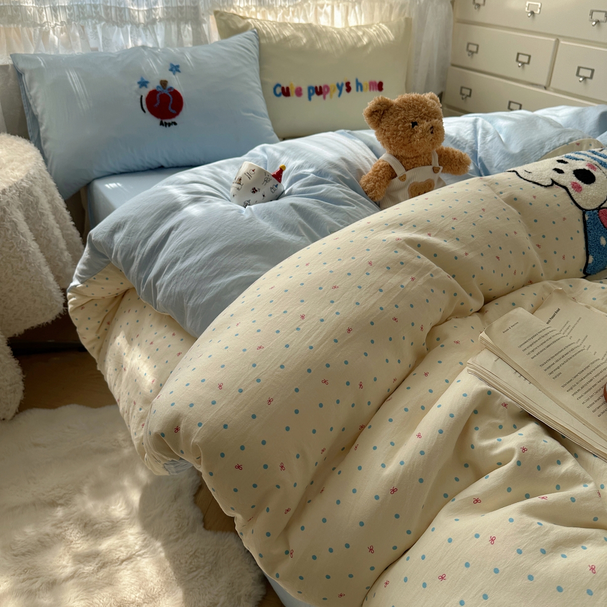 91家纺网 家纺一手货源 找家纺 盼季家纺 2025年A类毛巾绣水洗棉床上用品四件套学生宿舍床单被套三件套（含买家秀） 毛巾绣-沙发汪汪