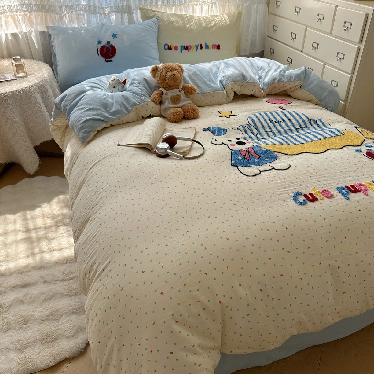 91家纺网 家纺一手货源 找家纺 盼季家纺 2025年A类毛巾绣水洗棉床上用品四件套学生宿舍床单被套三件套（含买家秀） 毛巾绣-沙发汪汪