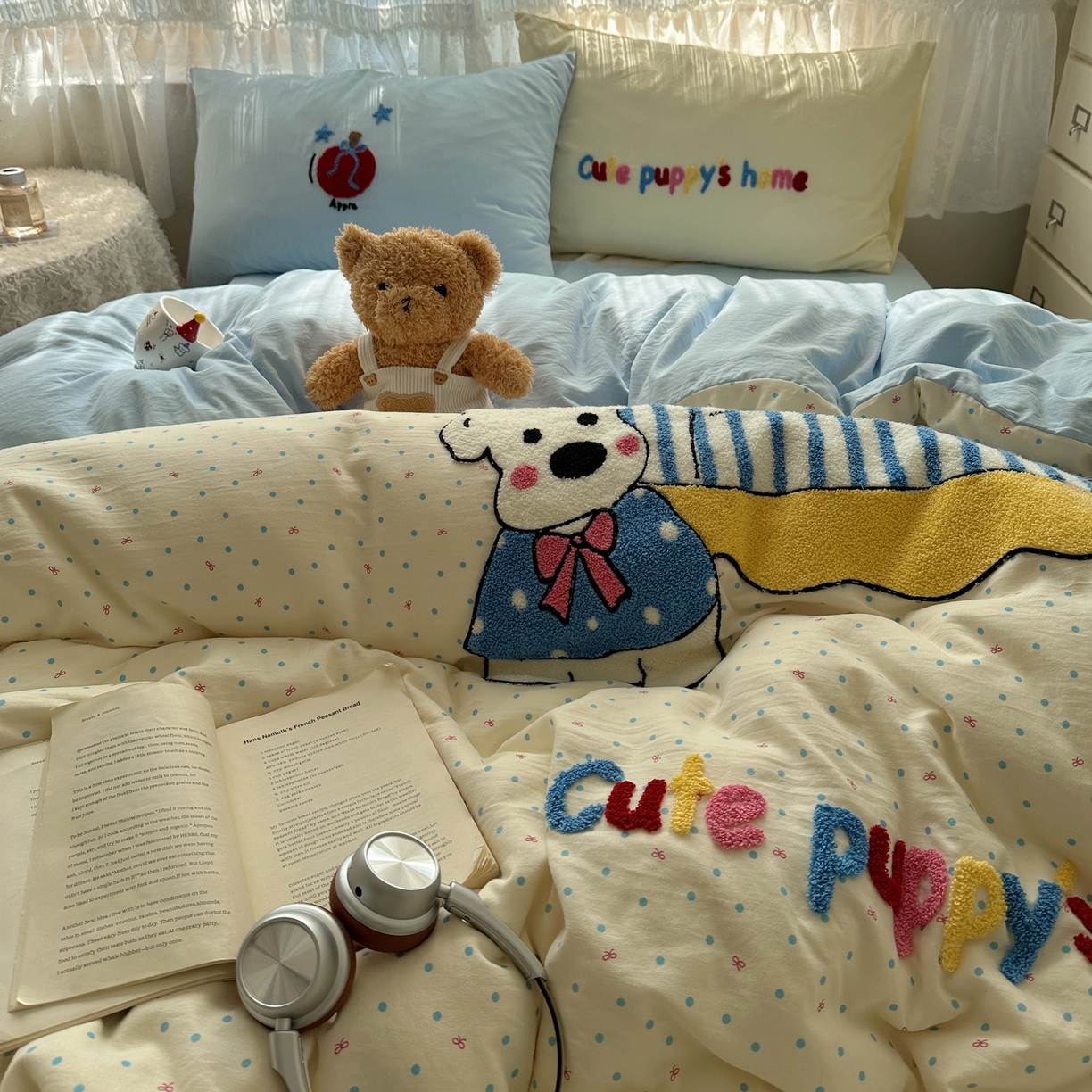 91家纺网 家纺一手货源 找家纺 盼季家纺 2025年A类毛巾绣水洗棉床上用品四件套学生宿舍床单被套三件套（含买家秀） 毛巾绣-沙发汪汪