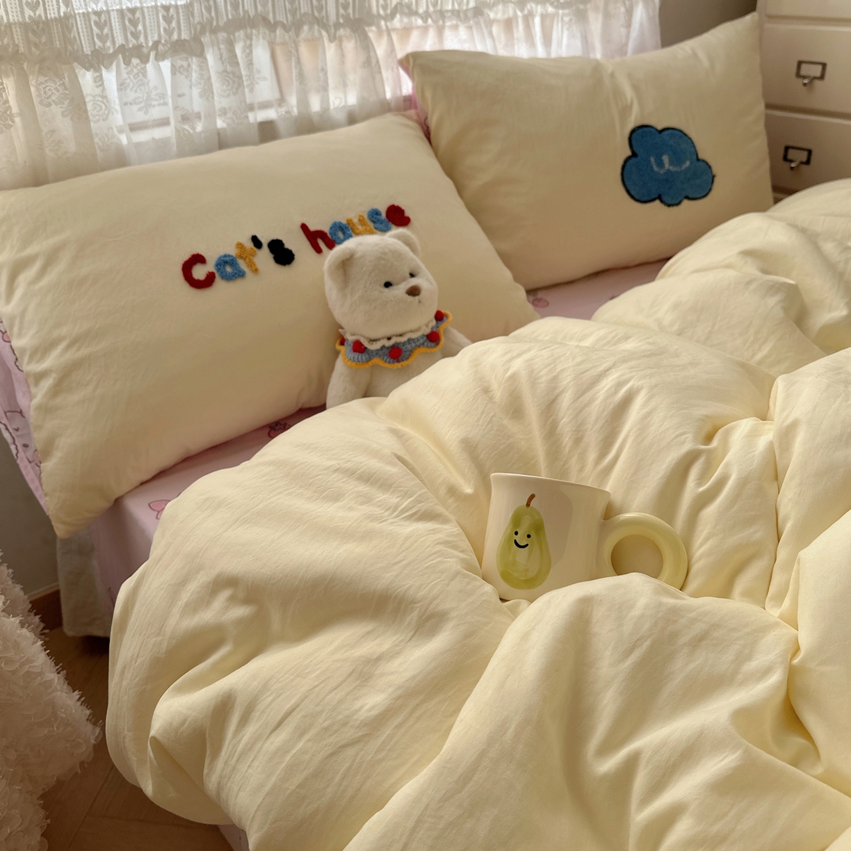 91家纺网 家纺一手货源 找家纺 盼季家纺 2025年A类毛巾绣水洗棉床上用品四件套学生宿舍床单被套三件套（含买家秀） 毛巾绣-KK猫的房子