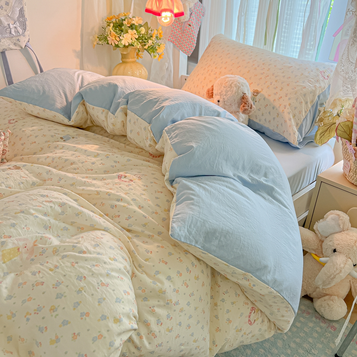 91家纺网 家纺一手货源 找家纺 盼季家纺 2025新款奶油风小清新学生宿舍床上三件套寝室上下铺床单被套床笠三件套 简单款-碎花萌萌熊