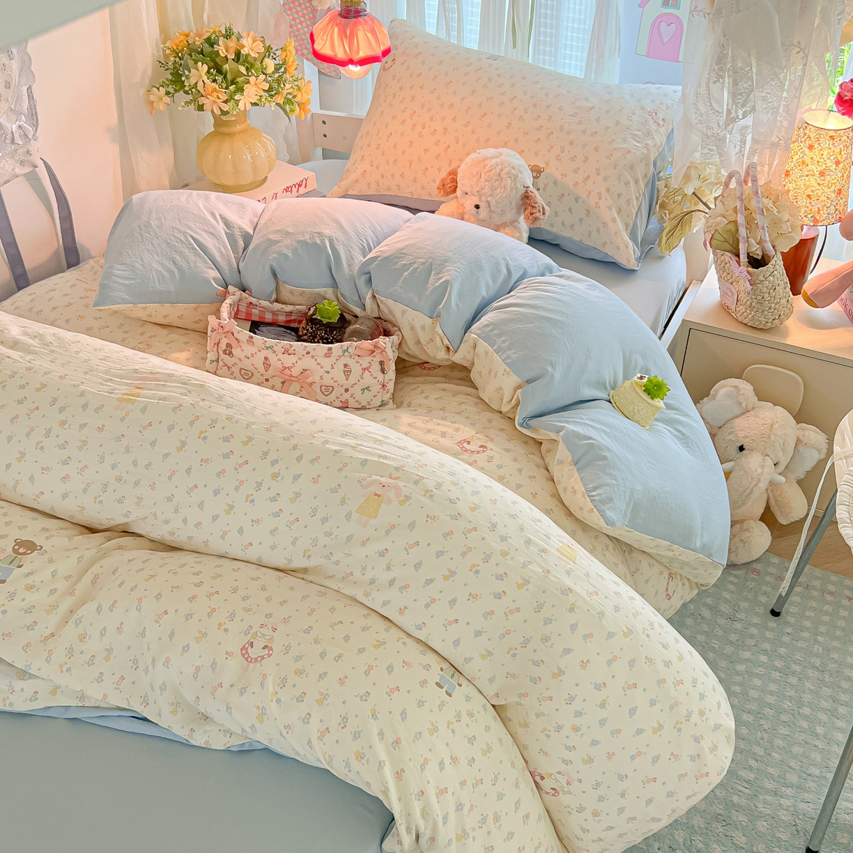 91家纺网 家纺一手货源 找家纺 盼季家纺 2025新款奶油风小清新学生宿舍床上三件套寝室上下铺床单被套床笠三件套 简单款-碎花萌萌熊