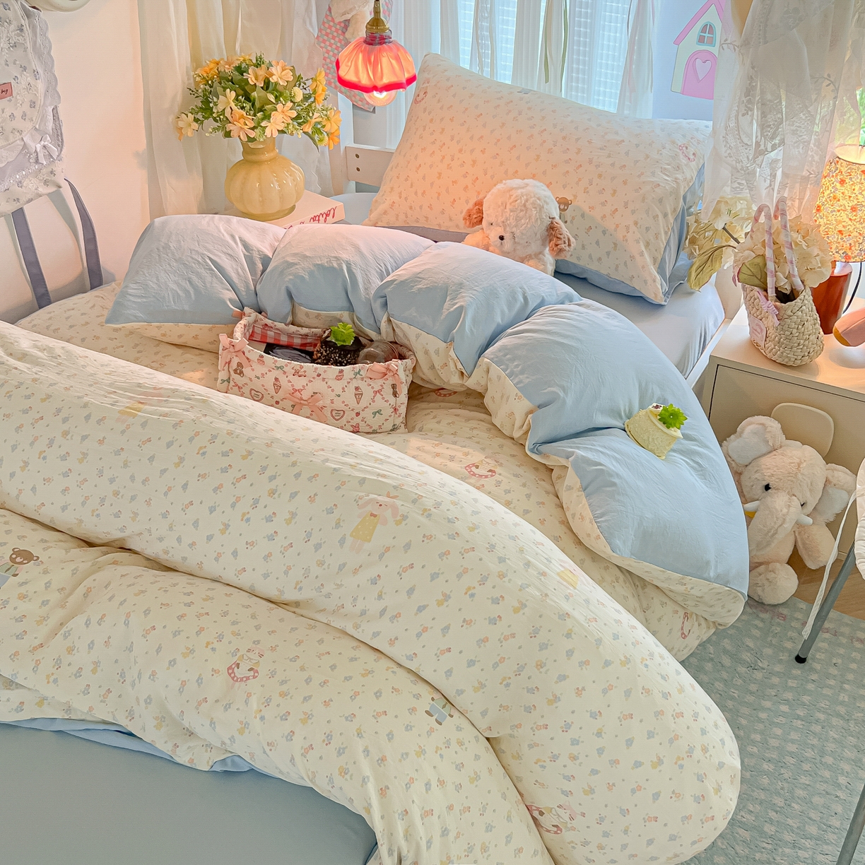 91家纺网 家纺一手货源 找家纺 盼季家纺 2025新款奶油风小清新学生宿舍床上三件套寝室上下铺床单被套床笠三件套 简单款-碎花萌萌熊