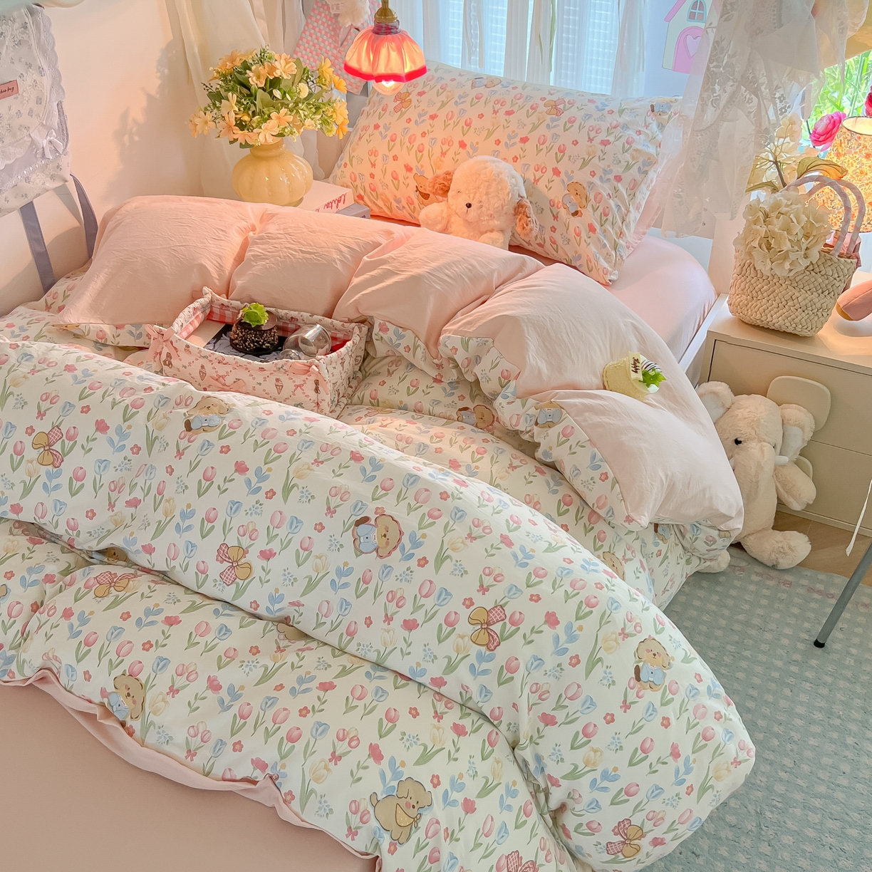 91家纺网 家纺一手货源 找家纺 盼季家纺 2025新款奶油风小清新学生宿舍床上三件套寝室上下铺床单被套床笠三件套 简单款-郁金香小狗