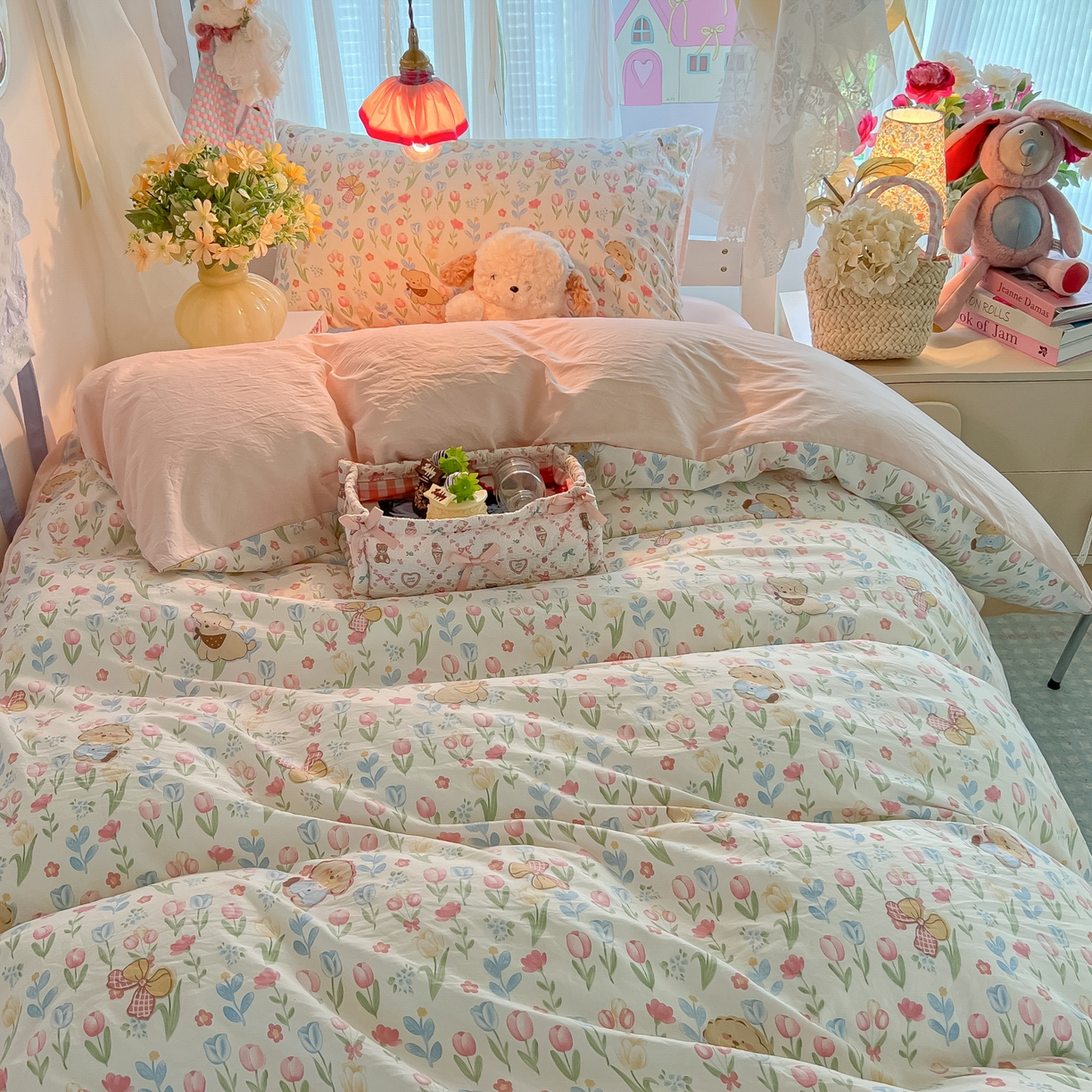 91家纺网 家纺一手货源 找家纺 盼季家纺 2025新款奶油风小清新学生宿舍床上三件套寝室上下铺床单被套床笠三件套 简单款-郁金香小狗