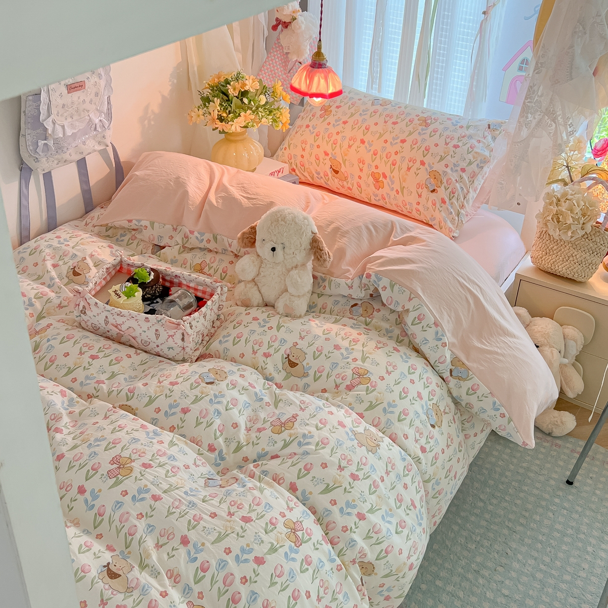 91家纺网 家纺一手货源 找家纺 盼季家纺 2025新款奶油风小清新学生宿舍床上三件套寝室上下铺床单被套床笠三件套 简单款-郁金香小狗