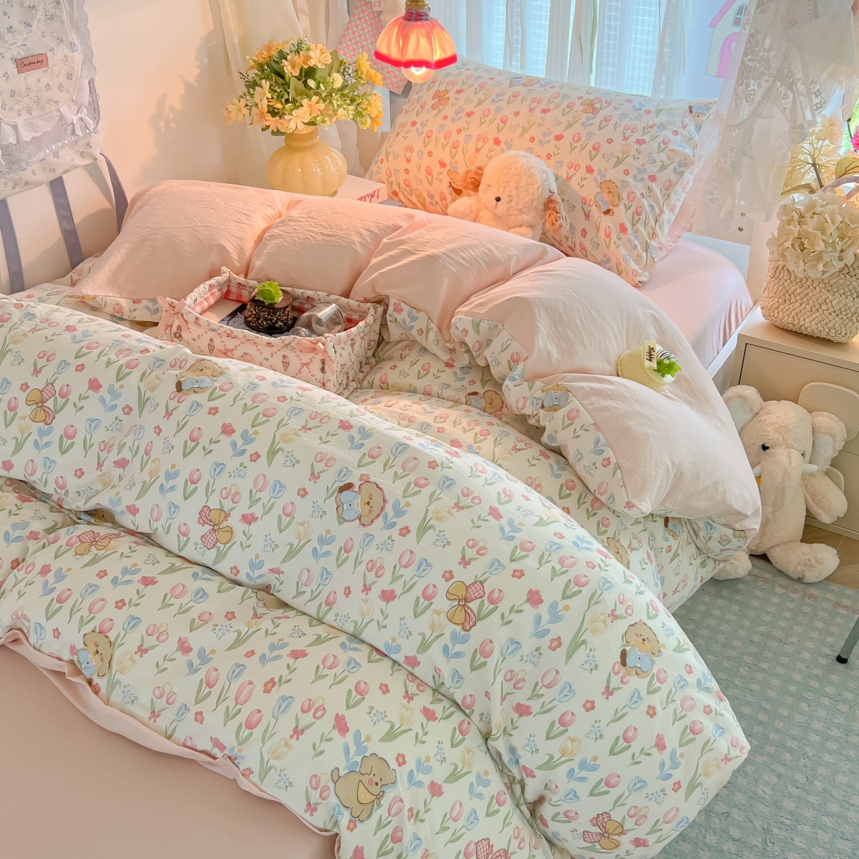 91家纺网 家纺一手货源 找家纺 盼季家纺 2025新款奶油风小清新学生宿舍床上三件套寝室上下铺床单被套床笠三件套 简单款-郁金香小狗