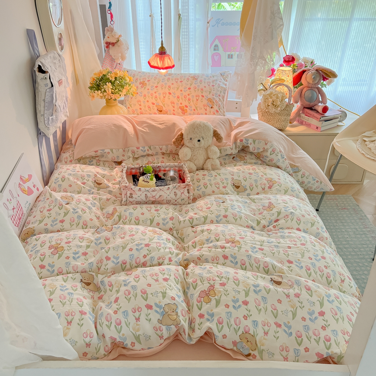 91家纺网 家纺一手货源 找家纺 盼季家纺 2025新款奶油风小清新学生宿舍床上三件套寝室上下铺床单被套床笠三件套 简单款-郁金香小狗