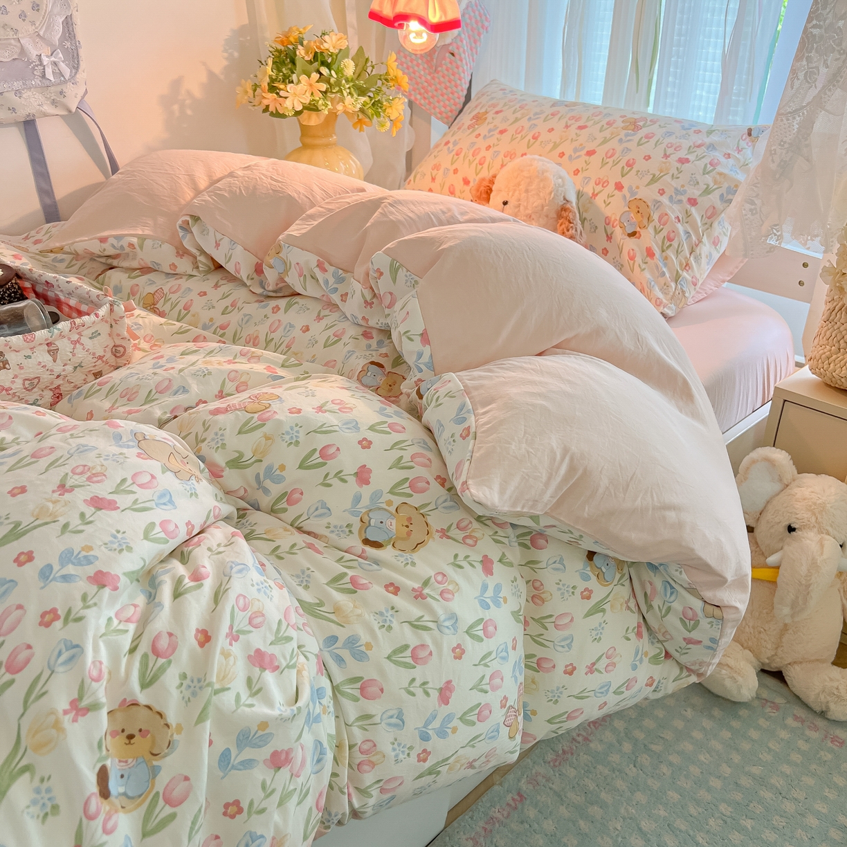 91家纺网 家纺一手货源 找家纺 盼季家纺 2025新款奶油风小清新学生宿舍床上三件套寝室上下铺床单被套床笠三件套 简单款-郁金香小狗