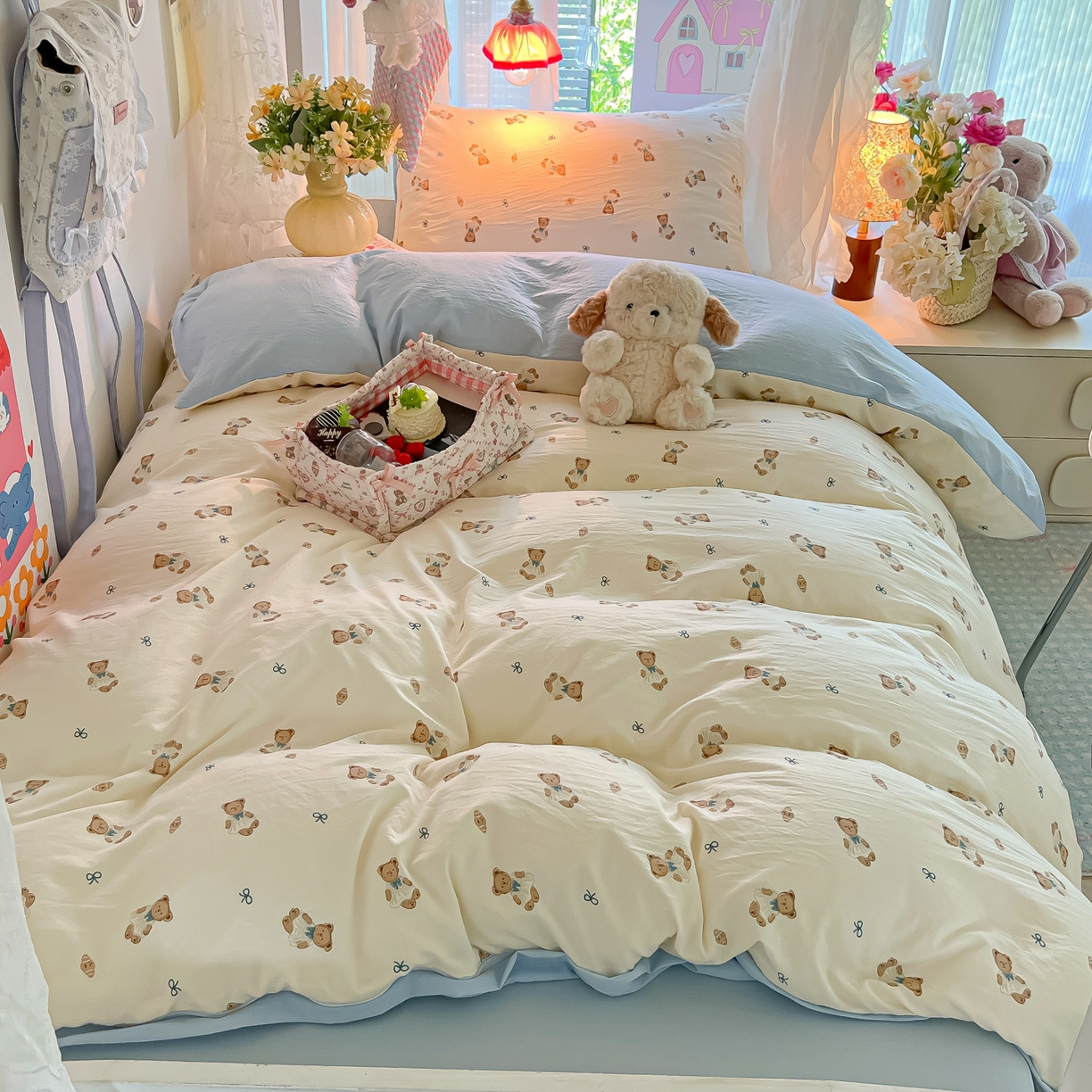 91家纺网 家纺一手货源 找家纺 （总）盼季家纺 2025新款奶油风小清新学生宿舍床上三件套寝室上下铺床单被套床笠三件套