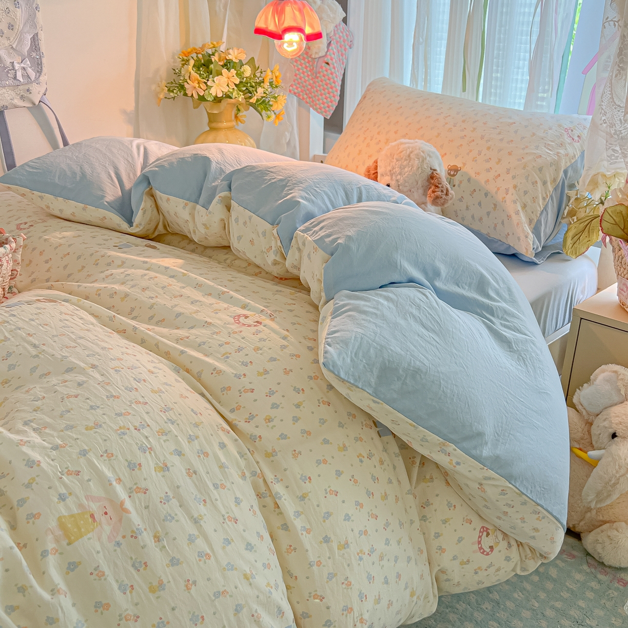 盼季家纺 2025新款奶油风小清新学生宿舍床上三件套寝室上下铺床单被套床笠三件套 简单款-碎花萌萌熊