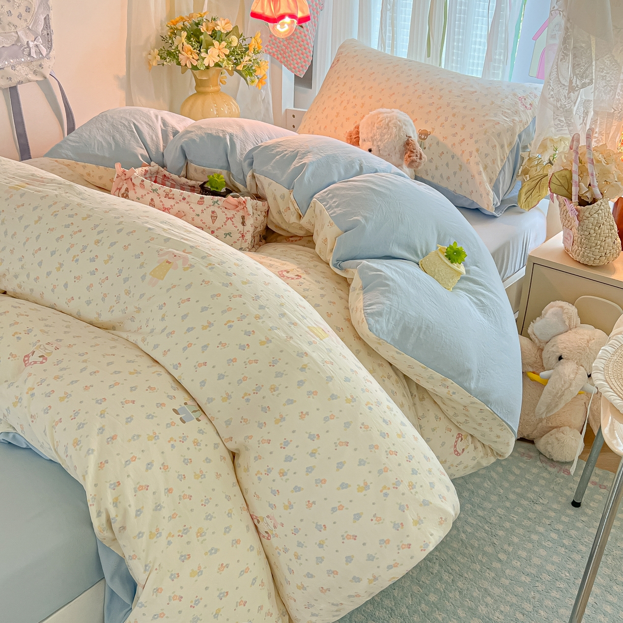 91家纺网 家纺一手货源 找家纺 盼季家纺 2025新款奶油风小清新学生宿舍床上三件套寝室上下铺床单被套床笠三件套 简单款-碎花萌萌熊