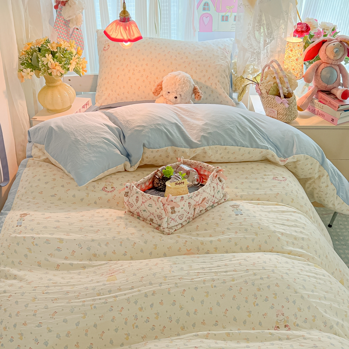 91家纺网 家纺一手货源 找家纺 盼季家纺 2025新款奶油风小清新学生宿舍床上三件套寝室上下铺床单被套床笠三件套 简单款-碎花萌萌熊