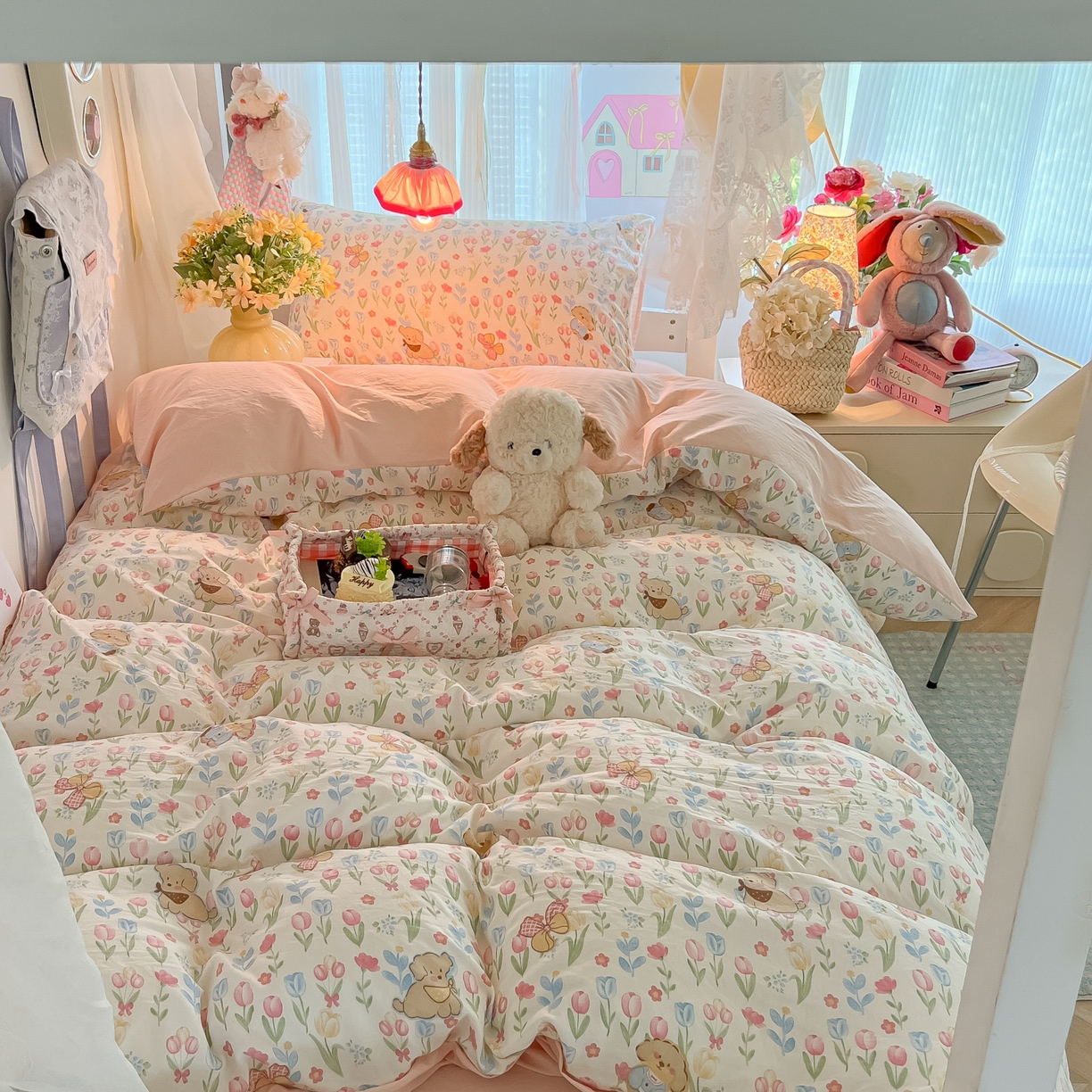 91家纺网 家纺一手货源 找家纺 盼季家纺 2025新款奶油风小清新学生宿舍床上三件套寝室上下铺床单被套床笠三件套 简单款-郁金香小狗