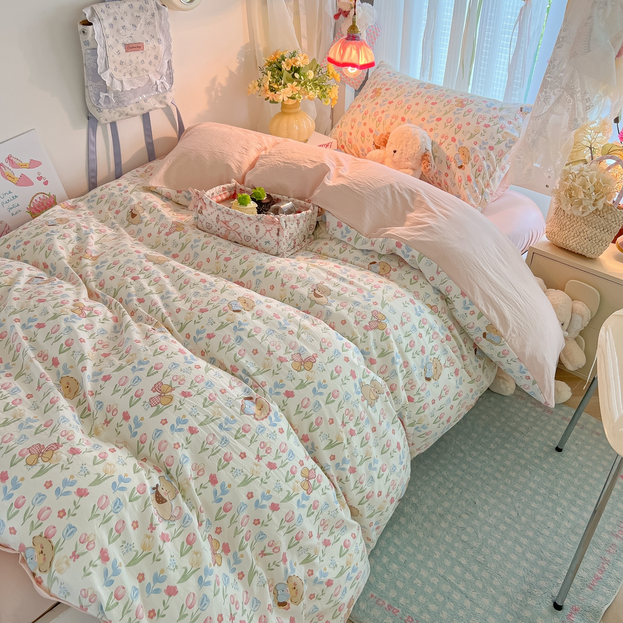 91家纺网 家纺一手货源 找家纺 盼季家纺 2025新款奶油风小清新学生宿舍床上三件套寝室上下铺床单被套床笠三件套 简单款-郁金香小狗