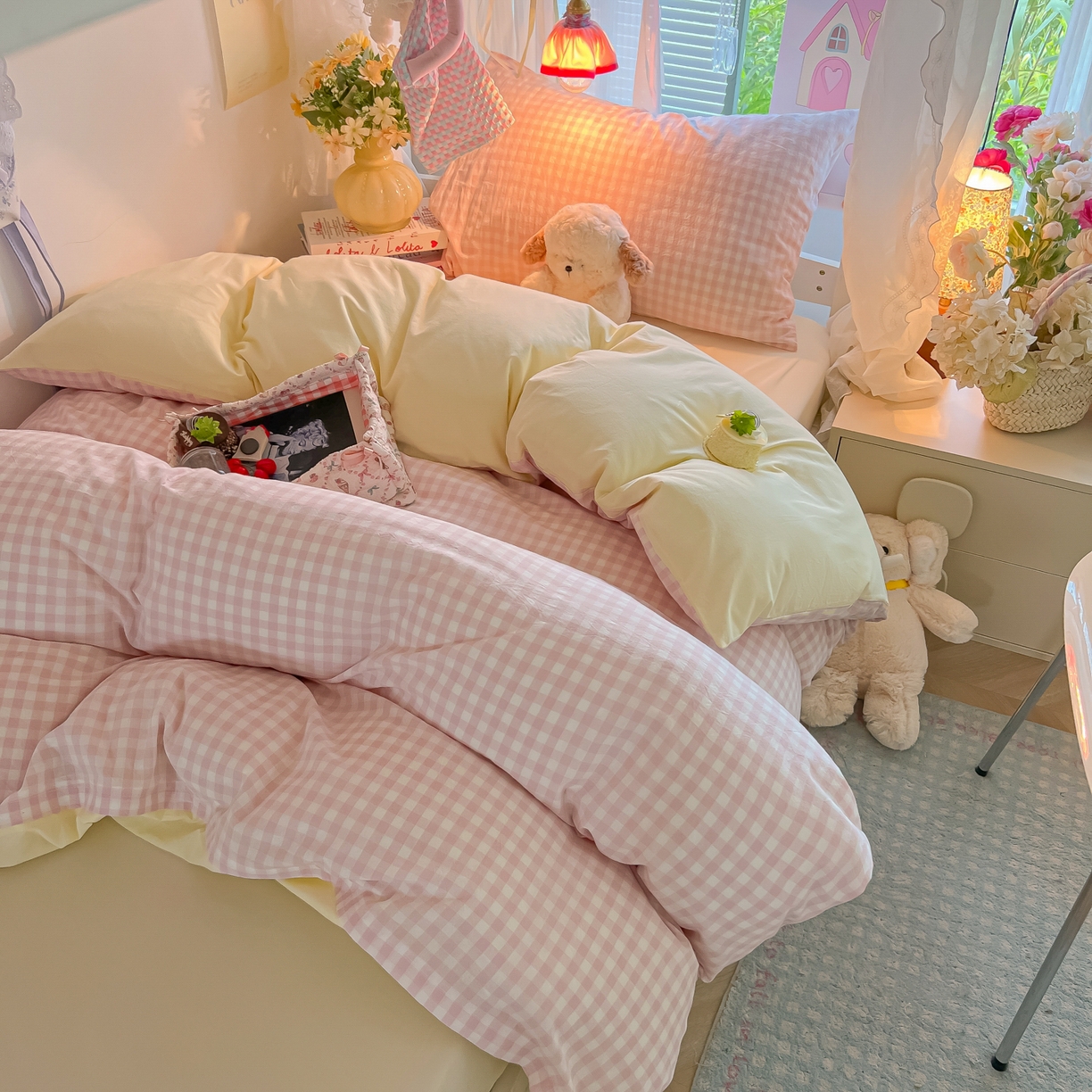 91家纺网 家纺一手货源 找家纺 盼季家纺 2025新款奶油风小清新学生宿舍床上三件套寝室上下铺床单被套床笠三件套 简单款-浅粉格