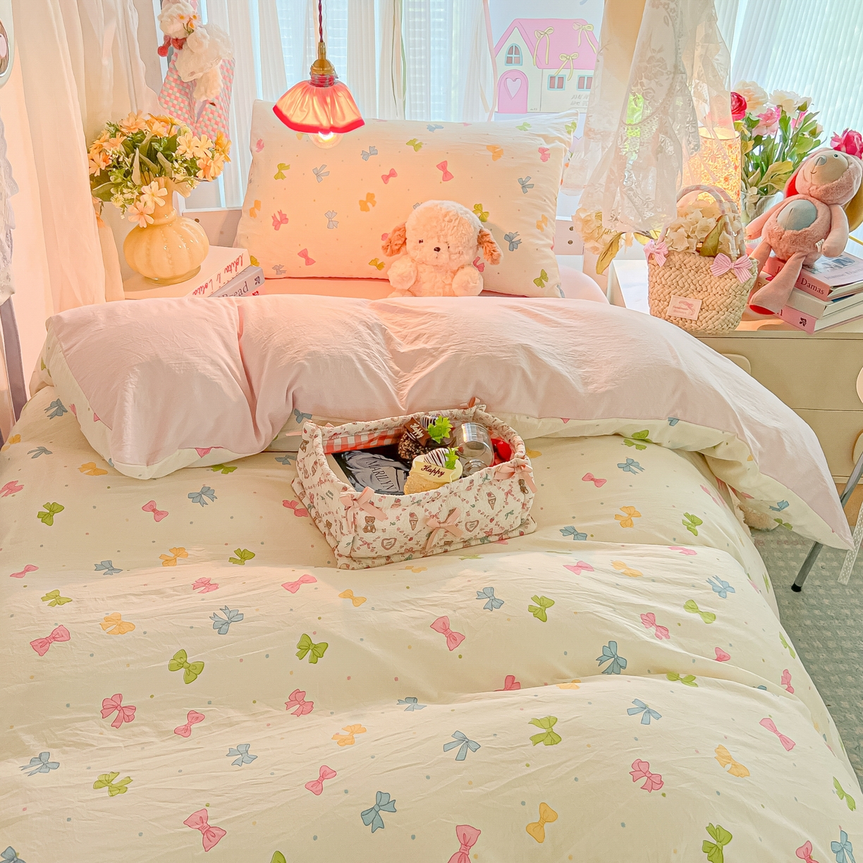 91家纺网 家纺一手货源 找家纺 盼季家纺 2025新款奶油风小清新学生宿舍床上三件套寝室上下铺床单被套床笠三件套 简单款-蝴蝶点点