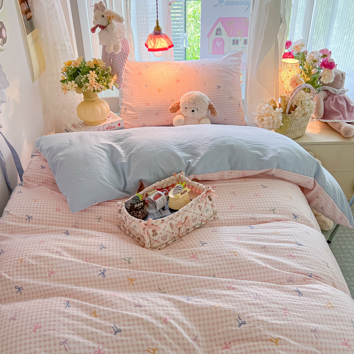 91家纺网 家纺一手货源 找家纺 盼季家纺 2025新款奶油风小清新学生宿舍床上三件套寝室上下铺床单被套床笠三件套 简单款-蝴蝶结粉格