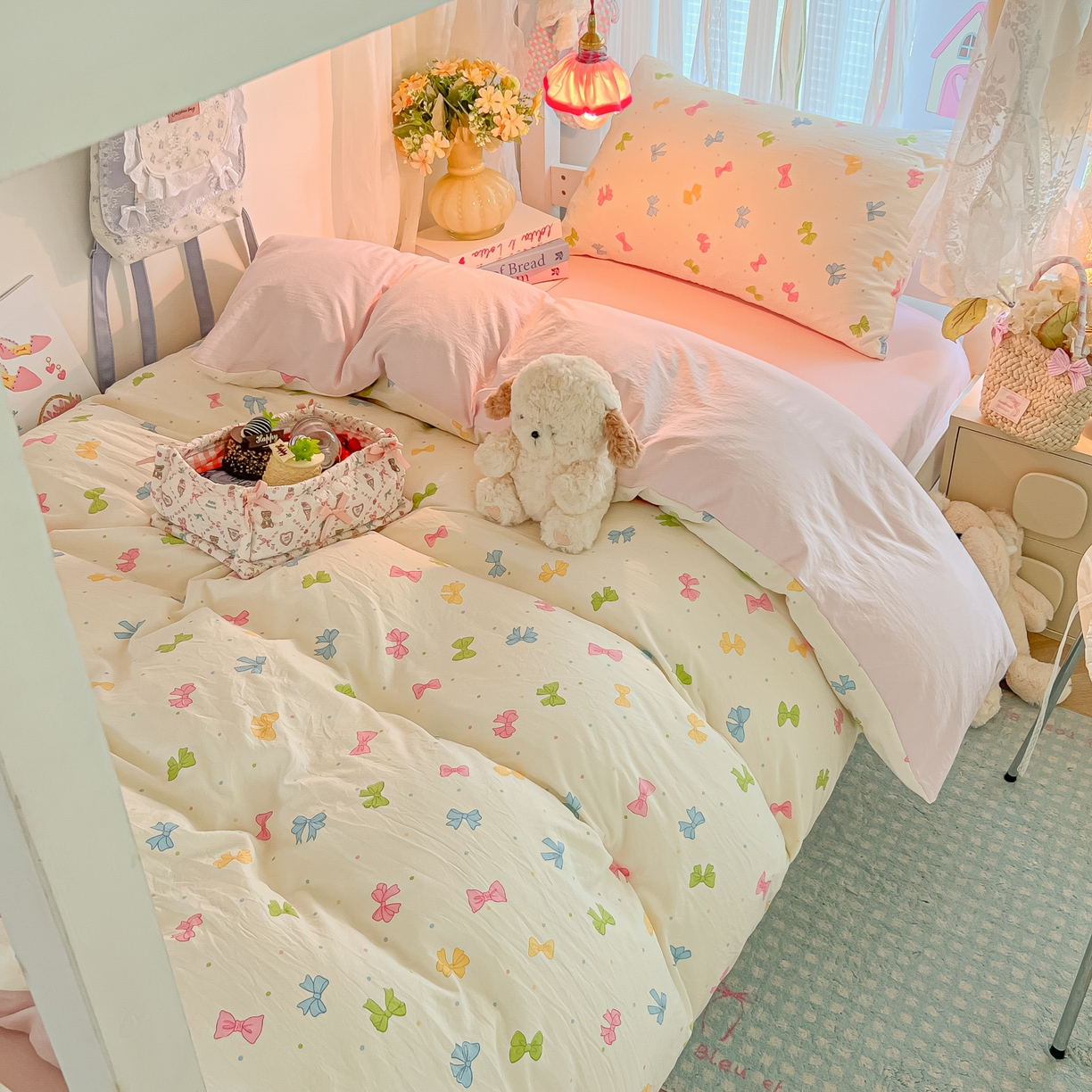 91家纺网 家纺一手货源 找家纺 盼季家纺 2025新款奶油风小清新学生宿舍床上三件套寝室上下铺床单被套床笠三件套 简单款-蝴蝶点点