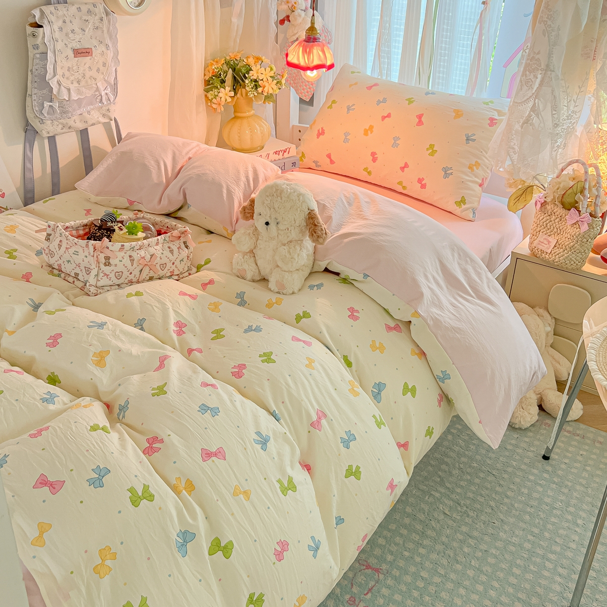 91家纺网 家纺一手货源 找家纺 盼季家纺 2025新款奶油风小清新学生宿舍床上三件套寝室上下铺床单被套床笠三件套 简单款-蝴蝶点点