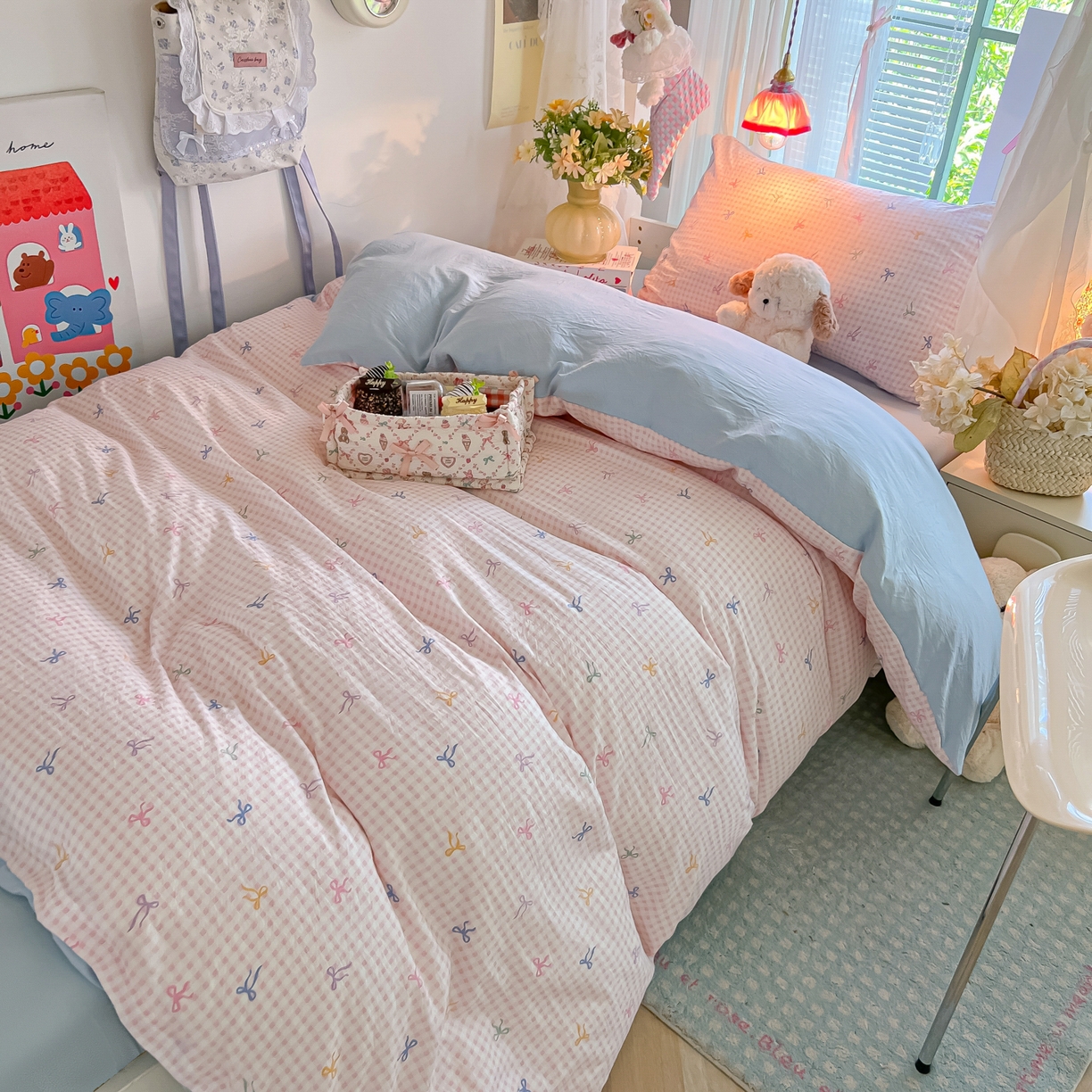 91家纺网 家纺一手货源 找家纺 盼季家纺 2025新款奶油风小清新学生宿舍床上三件套寝室上下铺床单被套床笠三件套 简单款-蝴蝶结粉格