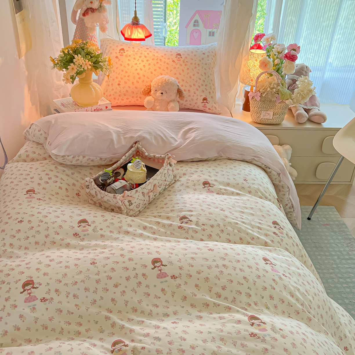 91家纺网 家纺一手货源 找家纺 盼季家纺 2025新款奶油风小清新学生宿舍床上三件套寝室上下铺床单被套床笠三件套 简单款-萌妹