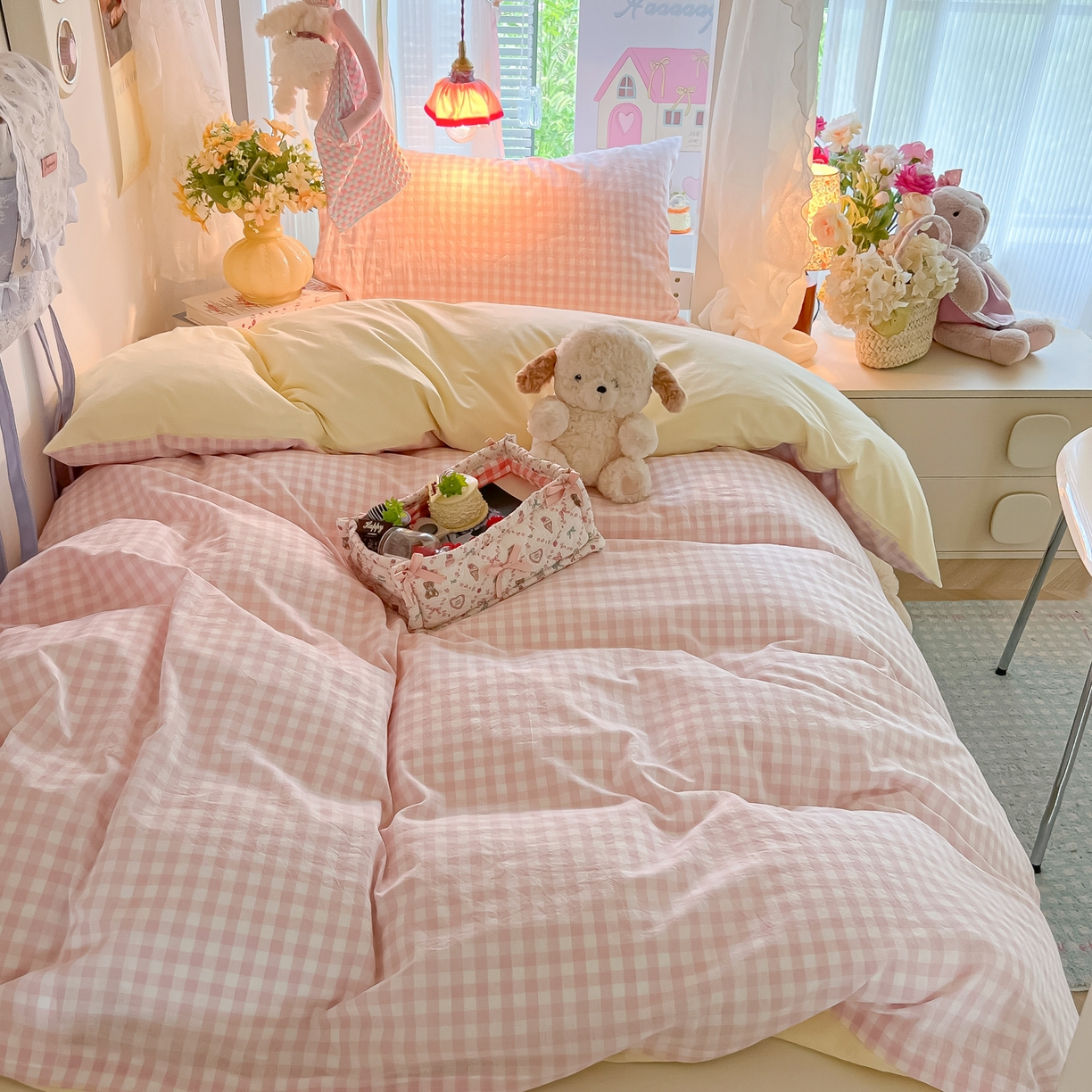91家纺网 家纺一手货源 找家纺 盼季家纺 2025新款奶油风小清新学生宿舍床上三件套寝室上下铺床单被套床笠三件套 简单款-浅粉格