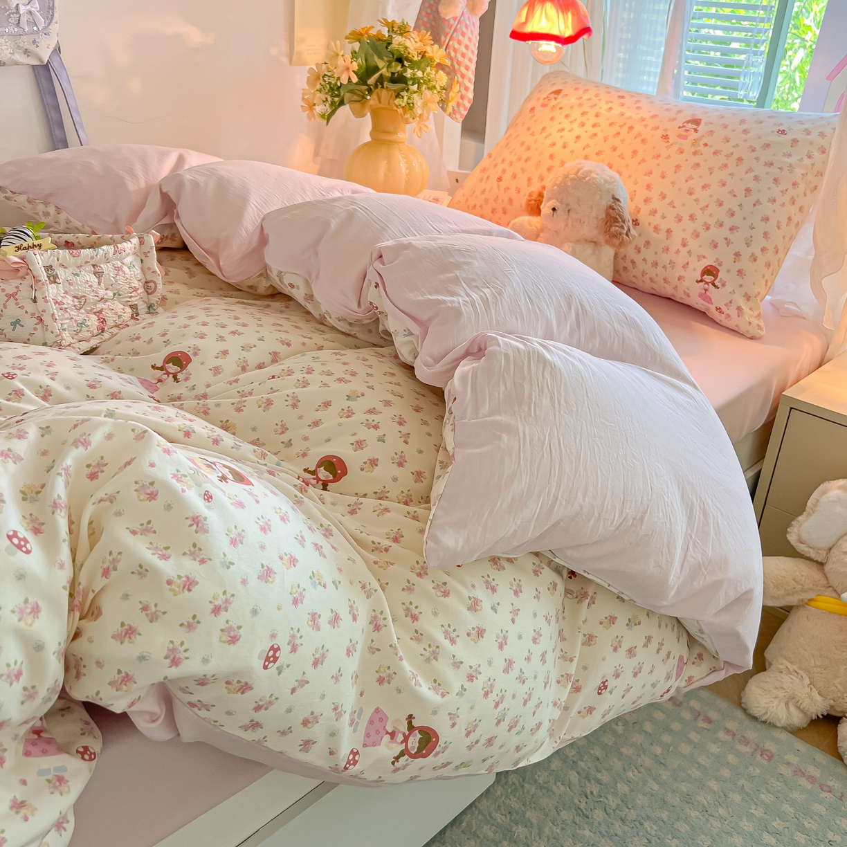 91家纺网 家纺一手货源 找家纺 盼季家纺 2025新款奶油风小清新学生宿舍床上三件套寝室上下铺床单被套床笠三件套 简单款-萌妹