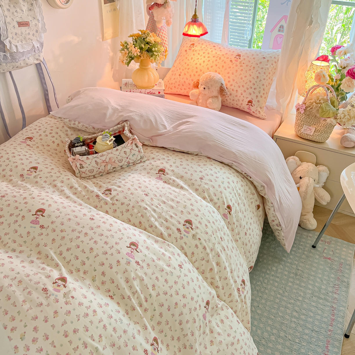 91家纺网 家纺一手货源 找家纺 盼季家纺 2025新款奶油风小清新学生宿舍床上三件套寝室上下铺床单被套床笠三件套 简单款-萌妹