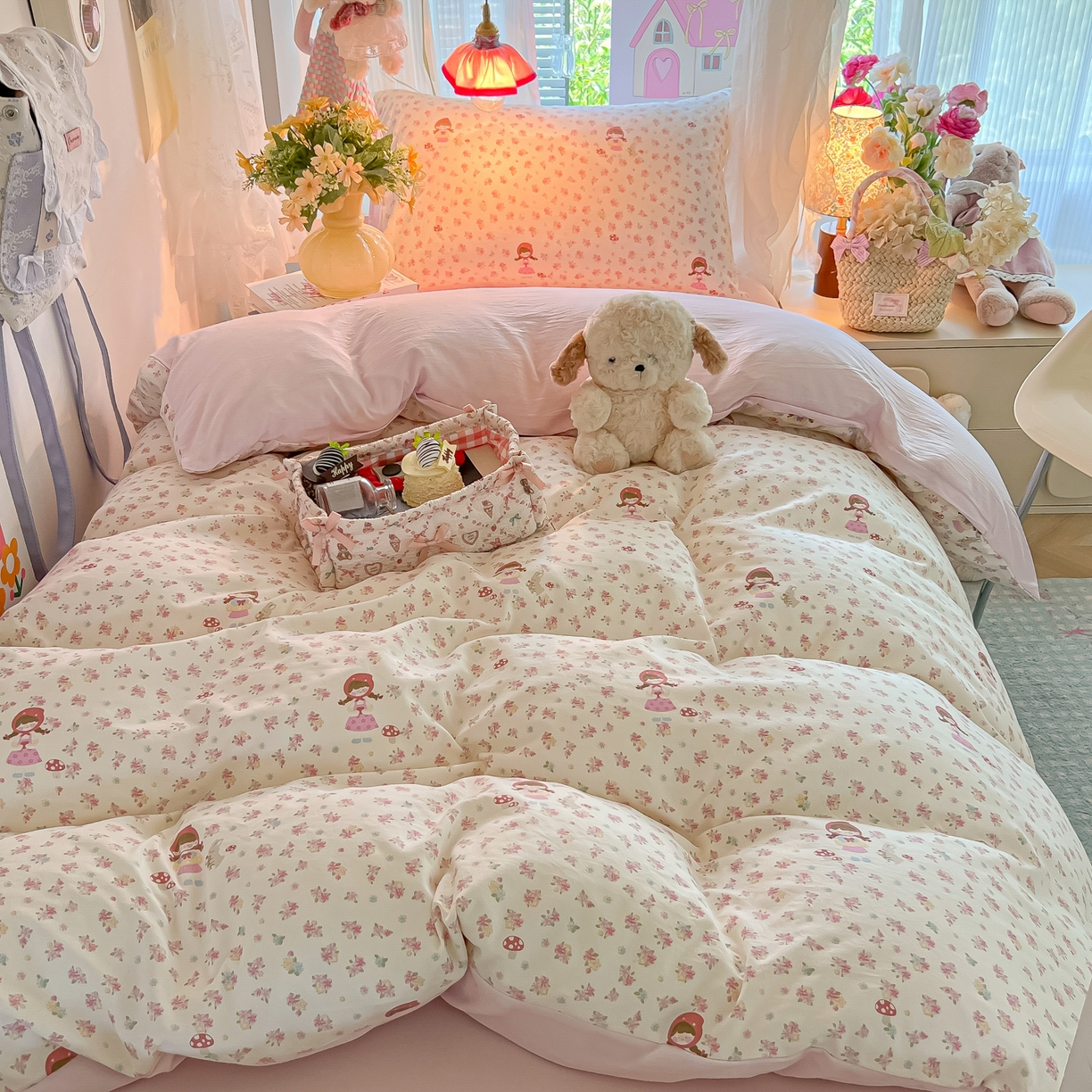 91家纺网 家纺一手货源 找家纺 盼季家纺 2025新款奶油风小清新学生宿舍床上三件套寝室上下铺床单被套床笠三件套 简单款-萌妹