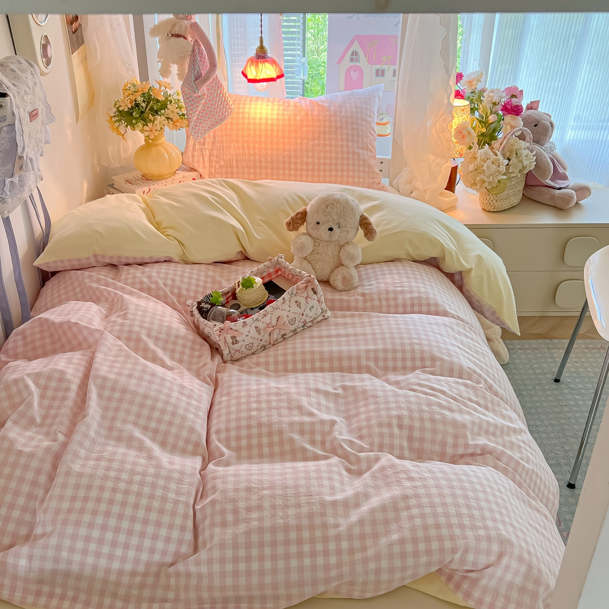 91家纺网 家纺一手货源 找家纺 盼季家纺 2025新款奶油风小清新学生宿舍床上三件套寝室上下铺床单被套床笠三件套 简单款-浅粉格