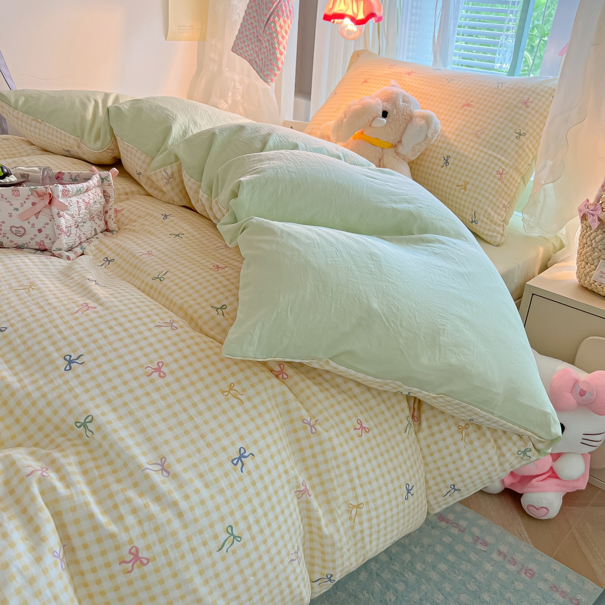 盼季家纺 2025新款奶油风小清新学生宿舍床上三件套寝室上下铺床单被套床笠三件套 简单款-黄格蝴蝶结
