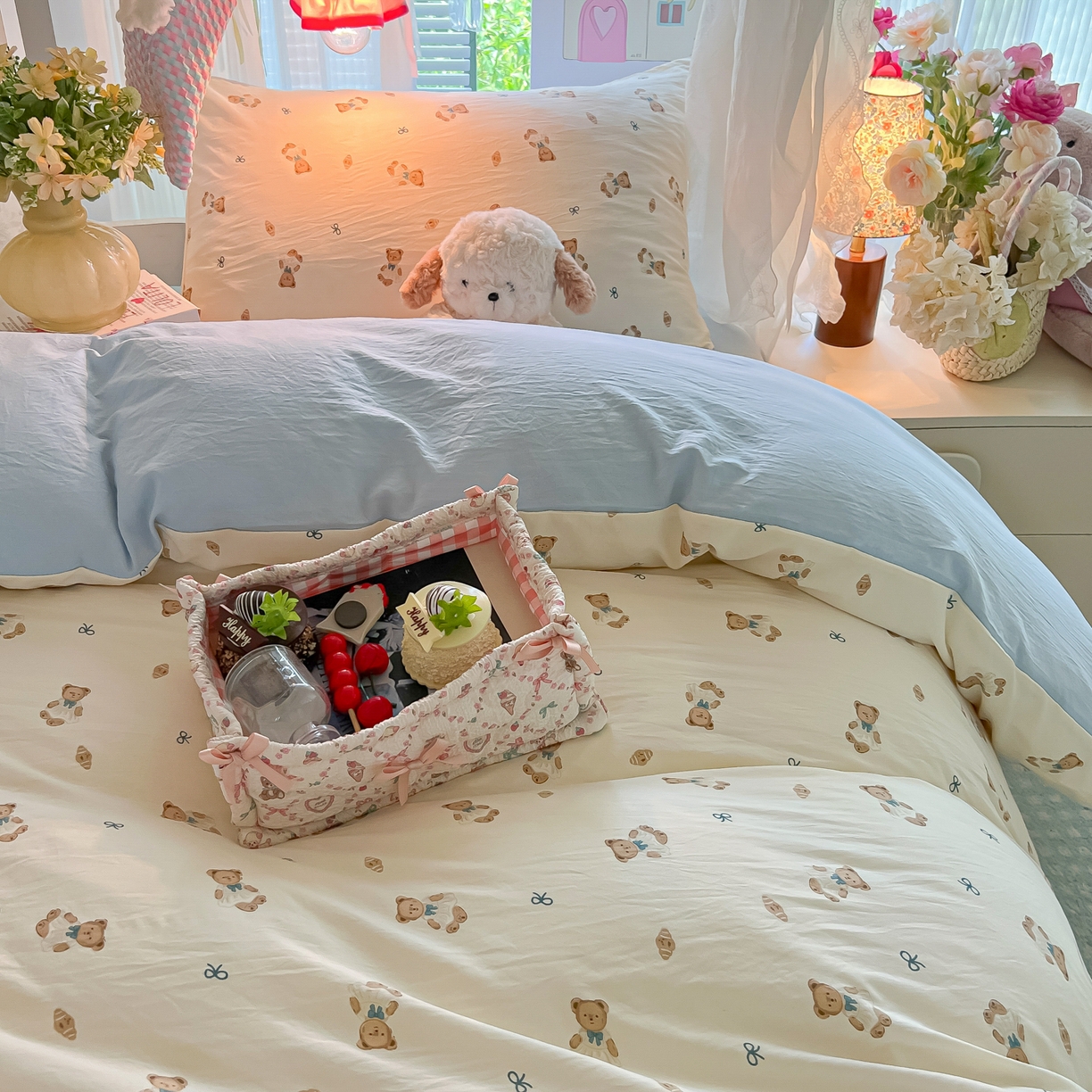 91家纺网 家纺一手货源 找家纺 盼季家纺 2025新款奶油风小清新学生宿舍床上三件套寝室上下铺床单被套床笠三件套 简单款-蝴蝶结小熊