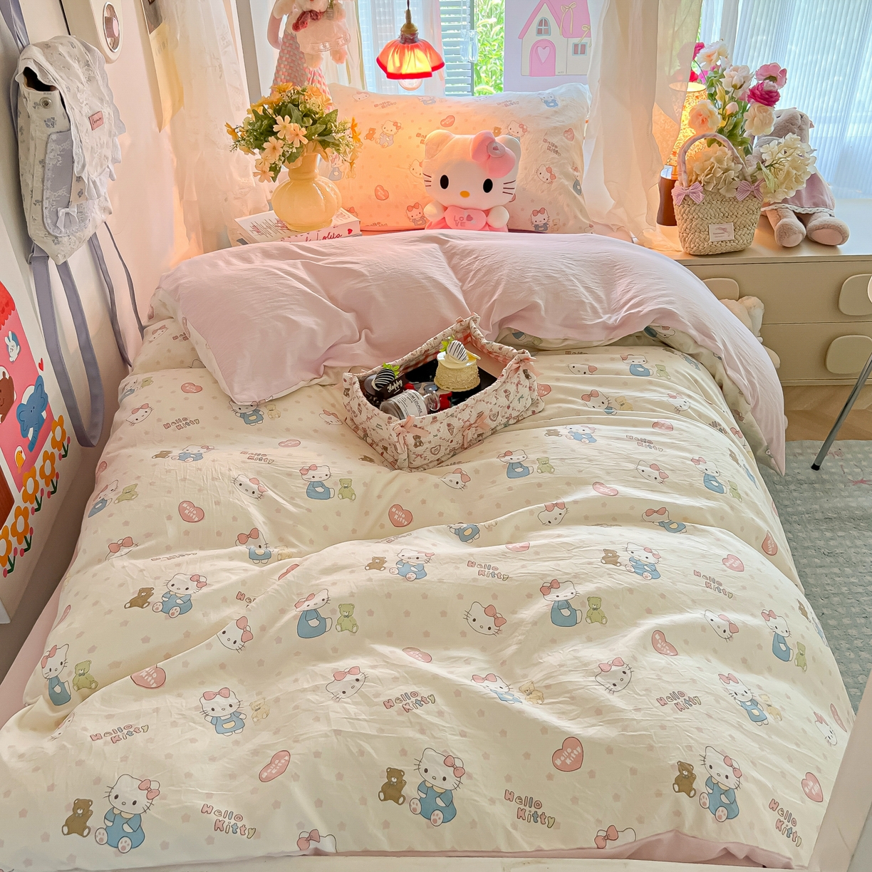 91家纺网 家纺一手货源 找家纺 盼季家纺 2025新款奶油风小清新学生宿舍床上三件套寝室上下铺床单被套床笠三件套 简单款-粉小猫