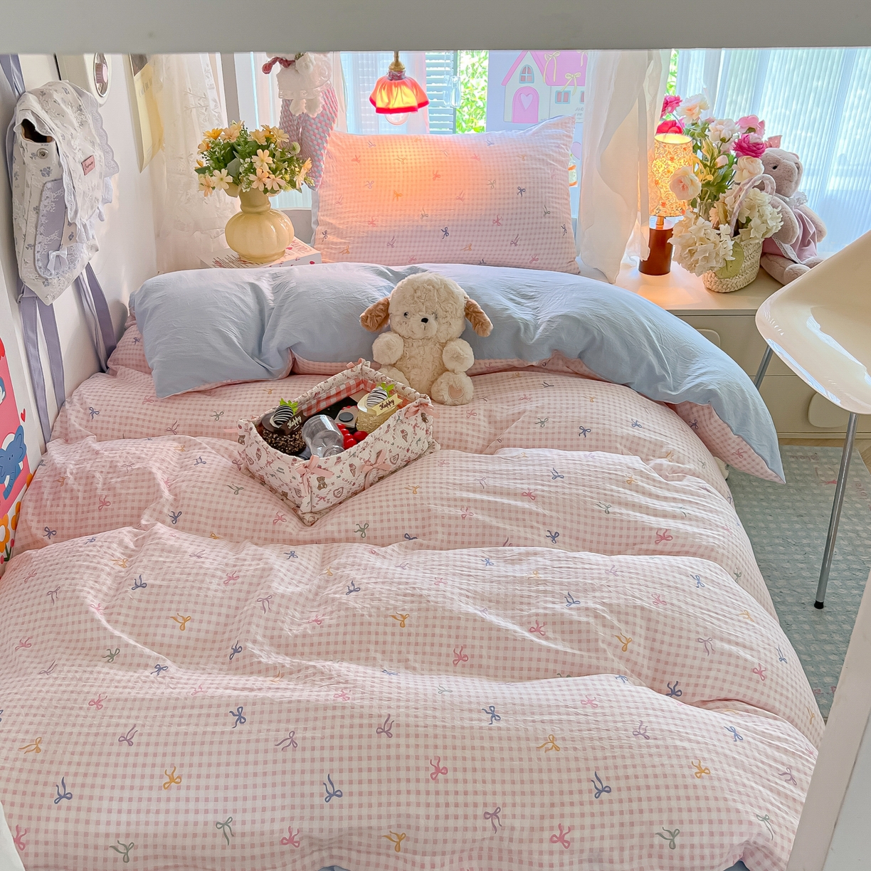 91家纺网 家纺一手货源 找家纺 盼季家纺 2025新款奶油风小清新学生宿舍床上三件套寝室上下铺床单被套床笠三件套 简单款-蝴蝶结粉格