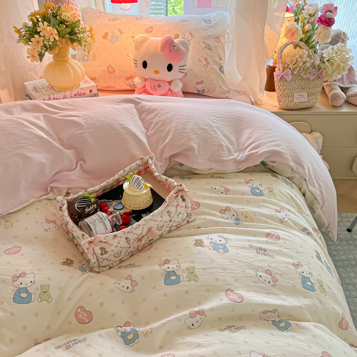 91家纺网 家纺一手货源 找家纺 盼季家纺 2025新款奶油风小清新学生宿舍床上三件套寝室上下铺床单被套床笠三件套 简单款-粉小猫