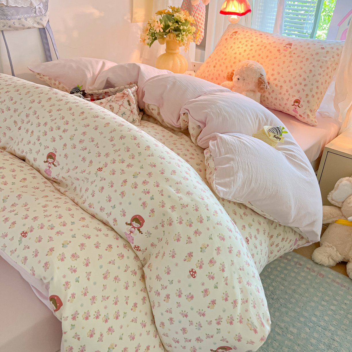91家纺网 家纺一手货源 找家纺 盼季家纺 2025新款奶油风小清新学生宿舍床上三件套寝室上下铺床单被套床笠三件套 简单款-萌妹