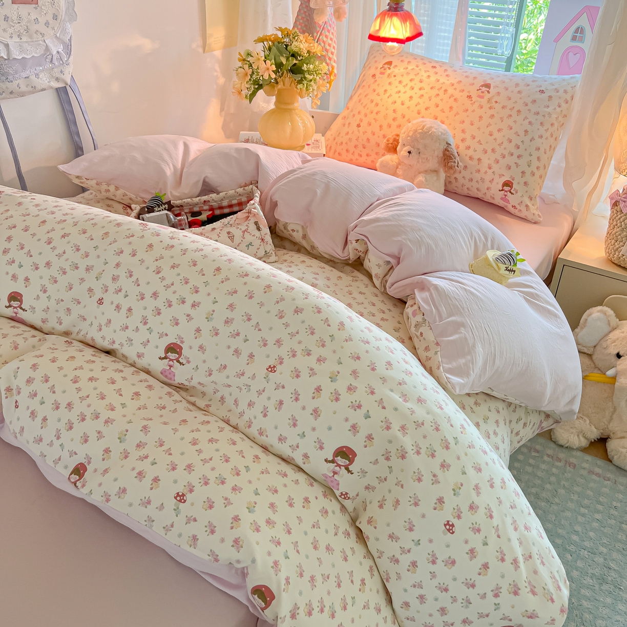 91家纺网 家纺一手货源 找家纺 盼季家纺 2025新款奶油风小清新学生宿舍床上三件套寝室上下铺床单被套床笠三件套 简单款-萌妹