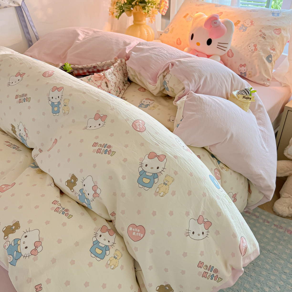 91家纺网 家纺一手货源 找家纺 盼季家纺 2025新款奶油风小清新学生宿舍床上三件套寝室上下铺床单被套床笠三件套 简单款-粉小猫