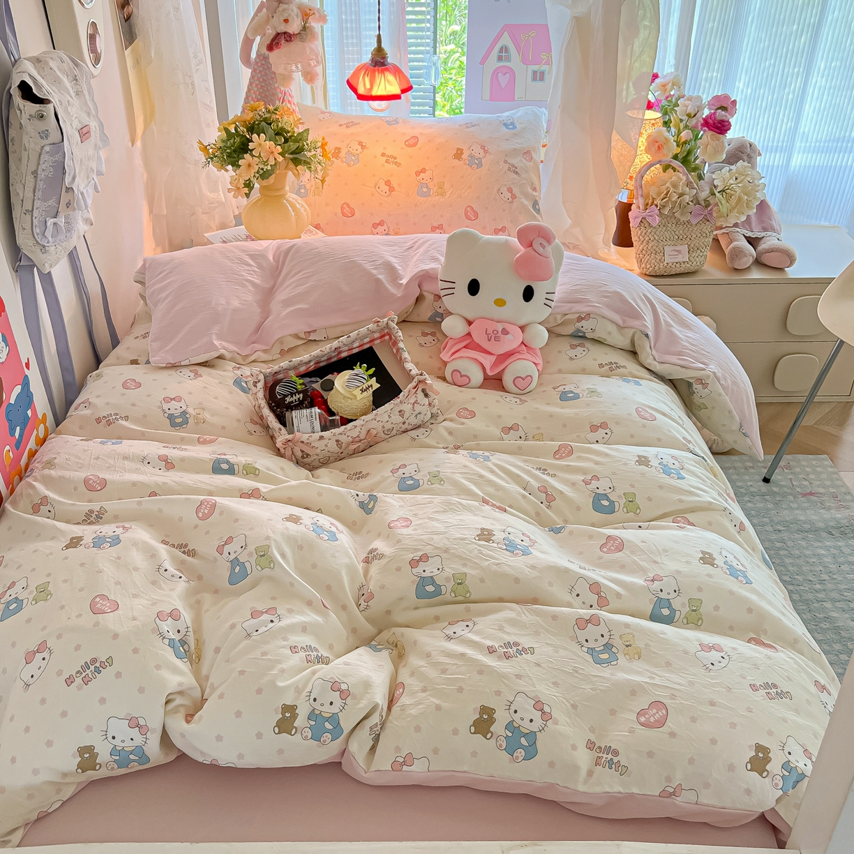 91家纺网 家纺一手货源 找家纺 盼季家纺 2025新款奶油风小清新学生宿舍床上三件套寝室上下铺床单被套床笠三件套 简单款-粉小猫