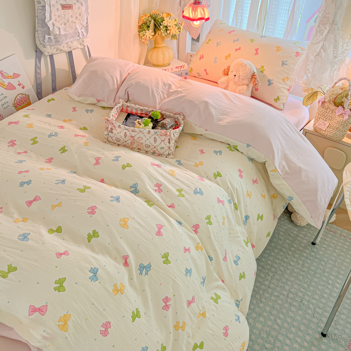 91家纺网 家纺一手货源 找家纺 盼季家纺 2025新款奶油风小清新学生宿舍床上三件套寝室上下铺床单被套床笠三件套 简单款-蝴蝶点点