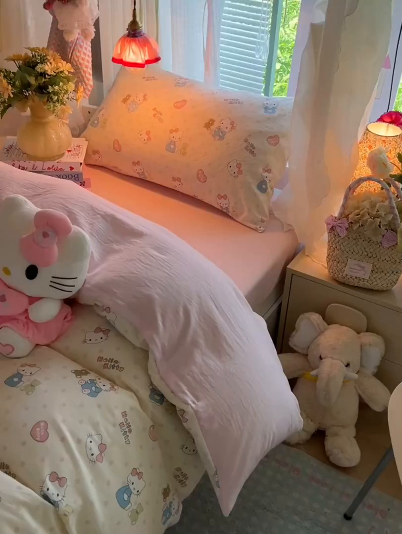 91家纺网 家纺一手货源 找家纺 盼季家纺 2025新款奶油风小清新学生宿舍床上三件套寝室上下铺床单被套床笠三件套 简单款-粉小猫