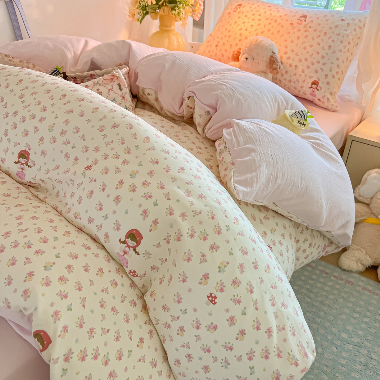 91家纺网 家纺一手货源 找家纺 盼季家纺 2025新款奶油风小清新学生宿舍床上三件套寝室上下铺床单被套床笠三件套 简单款-萌妹